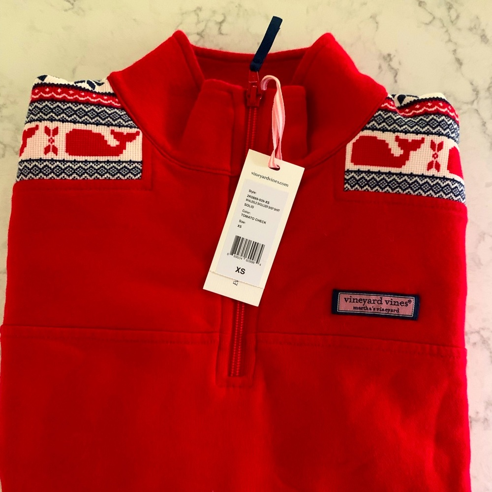 Red Shep Shirt with Nordic Whale pattern;